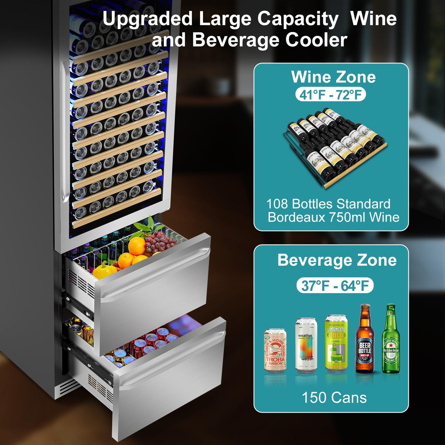 Velieta 24 Inch Wine and Beverage Refrigerator, 2 IN 1 Dual Zone Drawer Beverage Fridge Wine Cooler, Built-in or Freestanding Beverage Cooler with Powerful Compressor, Holds 108 Bottles and 150 Cans