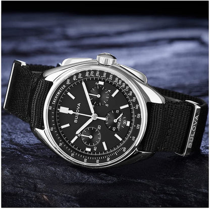 Bulova Men's Archive Series Lunar Pilot 6-Hand Chronograph High Performance Quartz Stainless Steel, Black NATO Strap and Sapphire Crystal Style: 96A225