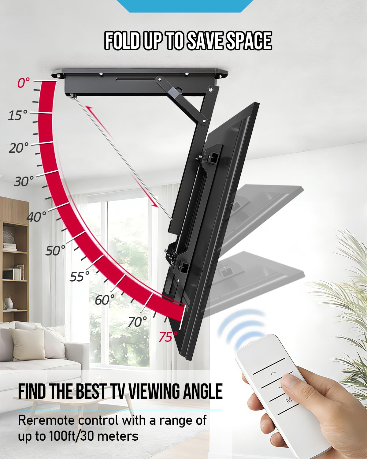 Electric Ceiling TV Mount with Remote - Motorized Ceiling TV Mount for Flat and Pitched Roof, 32 to 70 Inch Flat and Curved Screen TVs (Black)