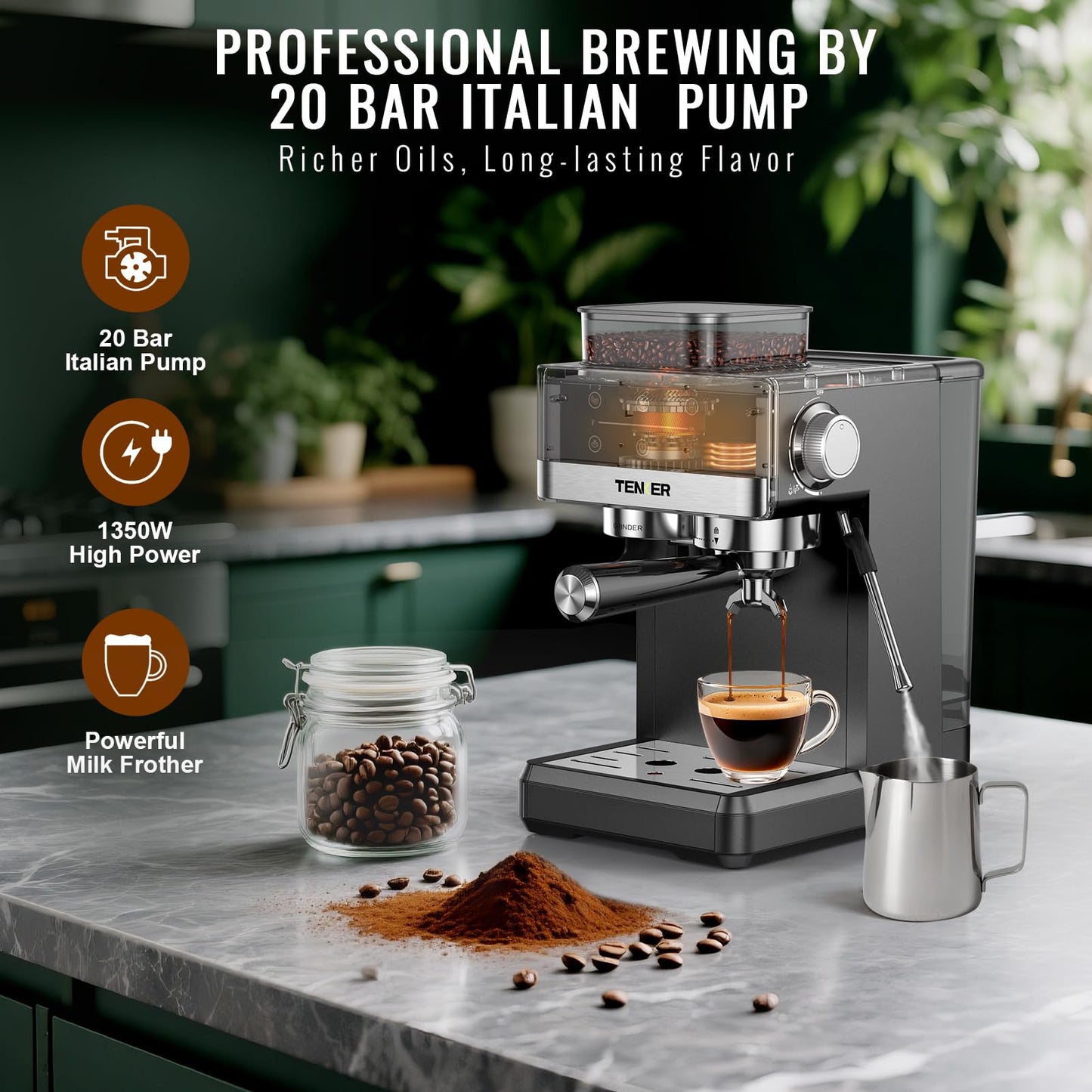 TENKER Espresso Machine with Grinder, 20 Bar Coffee Machine with Milk Frother for Home, All-in-One Stainless Steel Coffee Maker to Make Latte, Cappuccino, Hot or Cold Brew Iced Coffee