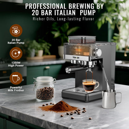 TENKER Espresso Machine with Grinder, 20 Bar Coffee Machine with Milk Frother for Home, All-in-One Stainless Steel Coffee Maker to Make Latte, Cappuccino, Hot or Cold Brew Iced Coffee