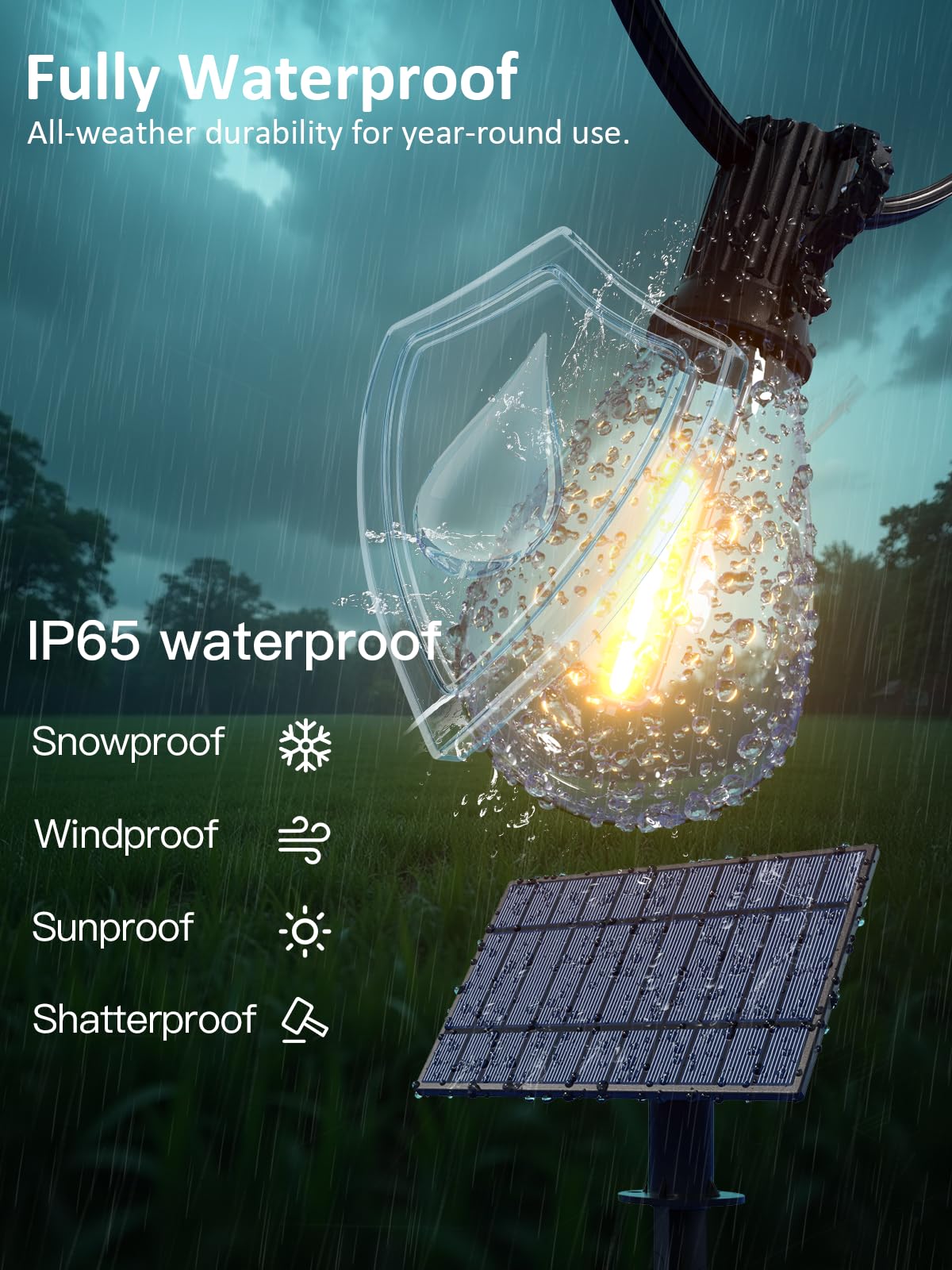luckystyle 50FT Solar String Lights Outdoor Waterproof with 18+1 LED Bulbs Long Last for 20+Hrs, Commercial Grade Shatterproof USB Patio Solar Powered Lights for Camping，Backyard, Garden, Porch Decor