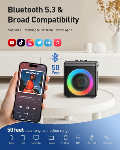 Karaoke Machine with 2 Wireless Rechargeable Microphones: Portable Bluetooth Speaker for Adults & Kids - PA System with Lights Supports TWS/TF Card/USB/AUX for Home Party