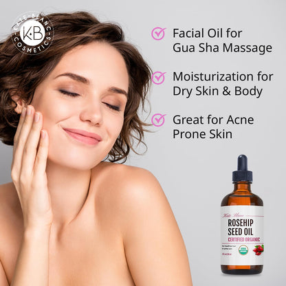 Kate Blanc Cosmetics Rosehip Oil for Face & Softer Glowing Skin (1oz, Organic, Pure, Cold Pressed) Rosehip Seed Face Oil for Facial & Gua Sha Massage