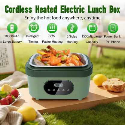 MDHAND Heated Lunch Box - Cordless Electric Lunch Box for Adults, 18000mAh Battery Powered Self Heating Food Warmer for Office Work Car Travel Outdoors, Scheduled Heating & 1.5L Stainless Container