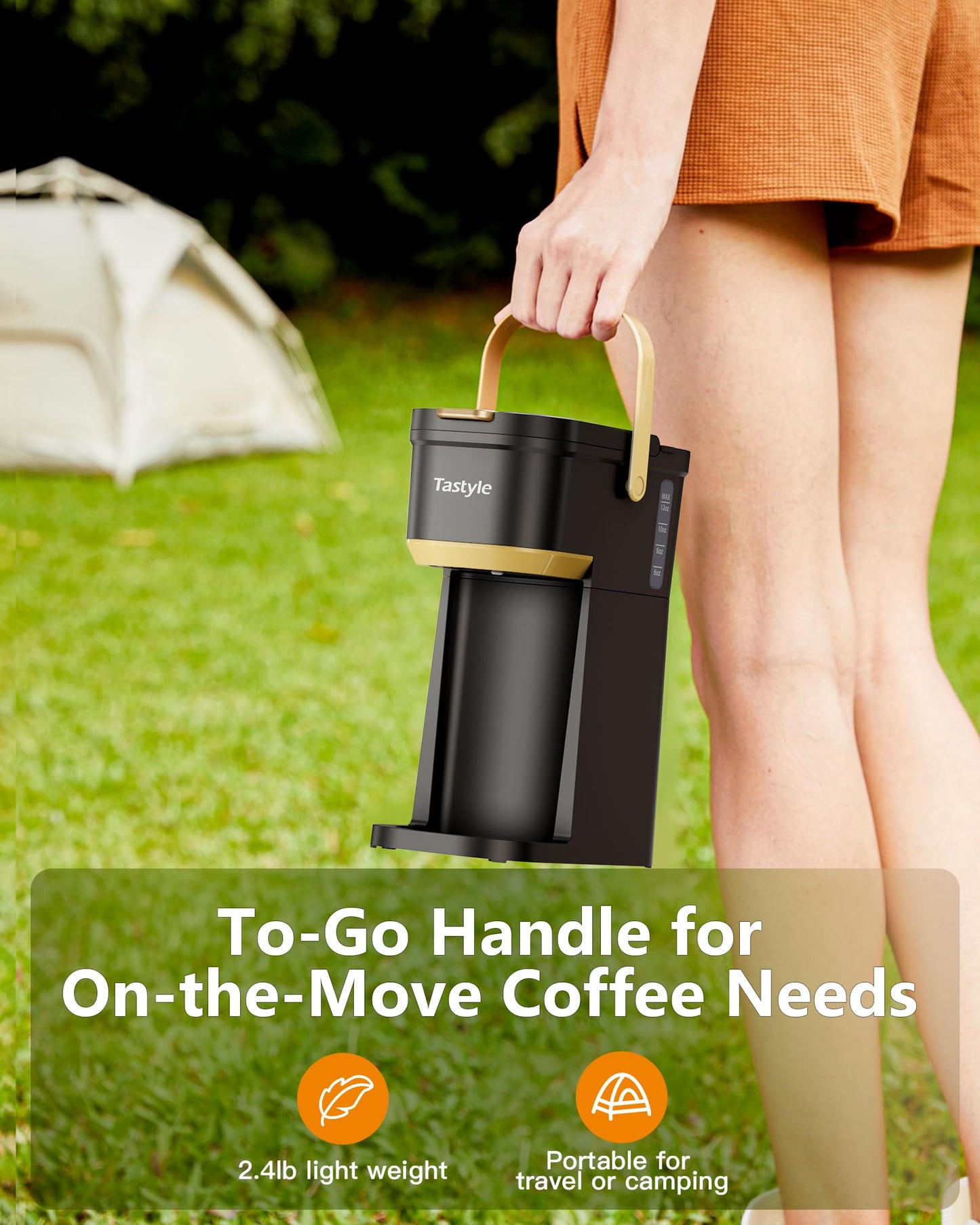 Tastyle Single Serve One Cup Coffee Maker, for K Cups and Grounds, Mini Coffee Maker with Portable Handle, 6 to 12 Oz Brew Size, for Travel, Camping, Office, RV and Dorm, Black and Gold