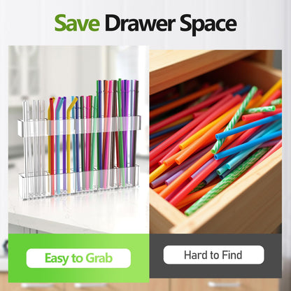 Rycid Straw Holder for Cabinet Door, 9.8” Adjustable Two-Part Large Acrylic Straws Organizer with Ultra Sticky Adhesive Strips, 2025 Reusable Straw Storage for Kitchen Cupboard(Transparent)