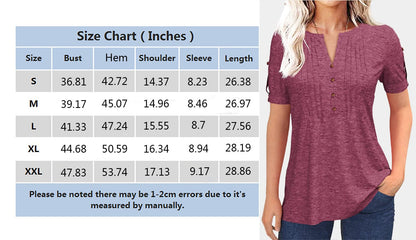 Women's Zipper Summer Pleated Button Short Sleeve T-Shirt Summer V-Neck Solid Color Casual top Yellow