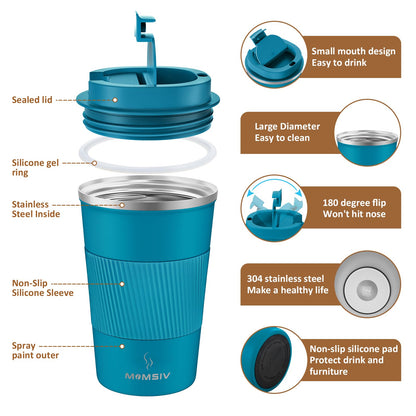 MOMSIV 12oz Travel Mug, Insulated Coffee Cup with Leakproof Lid, Travel Coffee Mug Vacuum Stainless Steel Double Walled Reusable Coffee Cup for Hot and Cold Water Coffee