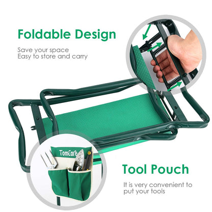 TomCare Garden Kneeler Seat Garden Bench Garden Stools Foldable Stool with Tool Bag Pouch EVA Foam Pad Outdoor Portable Kneeler Gardening Gifts for Women Men, Large 21.65"x10.62"x18.89", Green