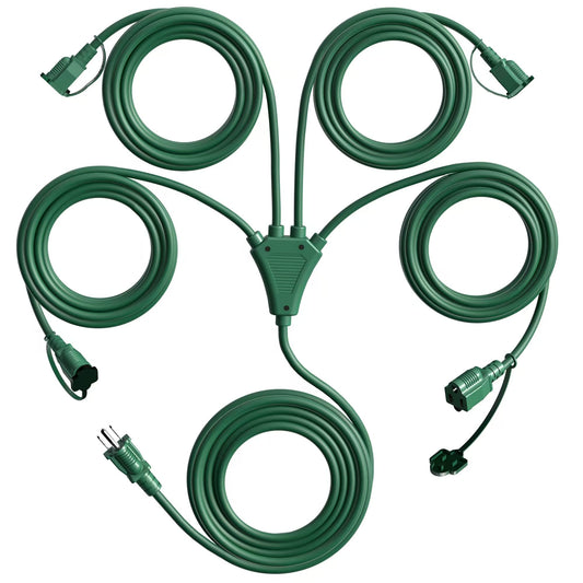 Eversimpleinc 1 to 4 Splitter Extension Cord (Combined 46 FT, End to End 28 FT), 3 Prong Plug with 4 Extended Outlets, with Weatherproof Covers for Indoor and Outdoor
