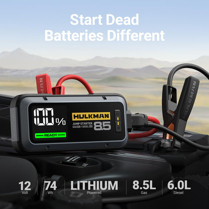 HULKMAN Alpha85 Smart JumpStarter 2000 Amp 20000mAh Car Starter for up to 8.5L Gas and 6L Diesel Engines with Boost Function for Totally Dead Battery 12V Lithium Portable Car Battery Booster Pack