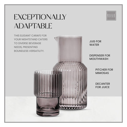 elle decor Gray Ribbed 2 Pc Carafe Set | Bedside Night Water Carafe | Glass Pitcher and Cup that Doubles as a Lid | Glass Tumbler Perfect for Storing Water, Juice, and Other Drinks on Desktop/Shelf