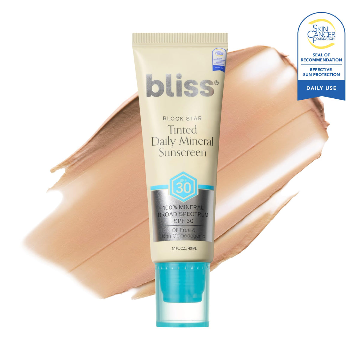 Bliss Block Star SPF 30 Daily Tinted Sunscreen with Zinc Oxide, Sunscreen & Makeup Primer- All Skin Tones - 100% Mineral Broad Spectrum Sunscreen with Titanium Dioxide & Antioxidant Blend,- 1.4 fl oz.