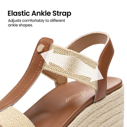 Athlefit Espadrille Wedge Sandals for Women Platform Comfortable Dressy Casual Open Toe Elastic Strap Brown Sandals with Arch Support for Summer Walking Size 8.5