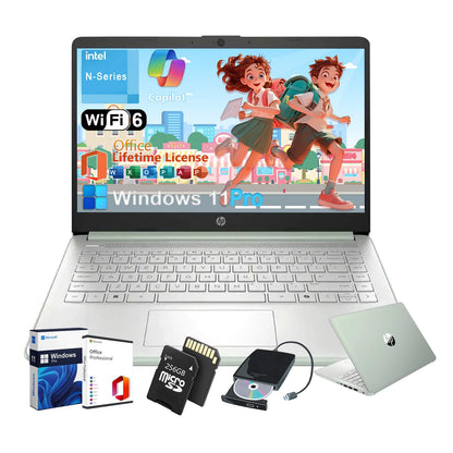 HP 2025 Business Laptop Computer - w/Microsoft Office Lifetime & External DVD Drive • 16GB RAM • 128GB UFS & 256GB Extend Micro SD • Intel 4-Core Processor • HD Display • Win11 Pro(Green)