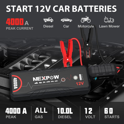 NEXPOW Car Jump Starter,Car Battery Jump Starter 4000A Peak Q11 Pack for Up to All Gas and 10.0L Diesel Engine 12V Auto Battery Booster,Jumper Cables,Portable Lithium Jump Box with LED Light/USB QC3.0