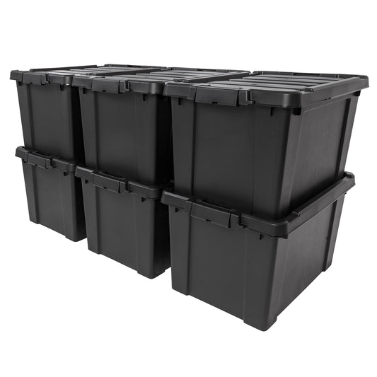 IRIS USA 20 Gallon Lockable Storage Bins with Lids, 6 Pack - Made in USA, Heavy Duty, Stackable Containers, Garage Organizing Bins Moving Tubs, Rugged Sturdy Equipment Utility Box - Black