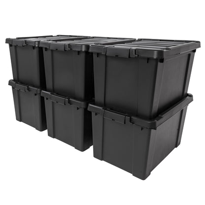 IRIS USA 20 Gallon Lockable Storage Bins with Lids, 6 Pack - Made in USA, Heavy Duty, Stackable Containers, Garage Organizing Bins Moving Tubs, Rugged Sturdy Equipment Utility Box - Black