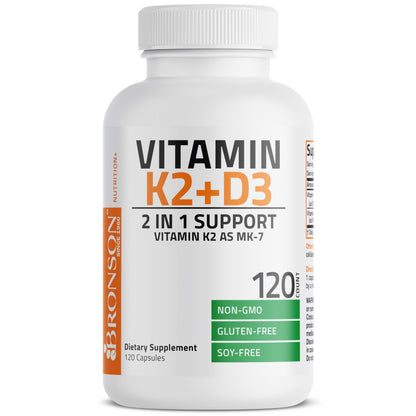 Bronson Vitamin K2 (MK7) with D3 Supplement Non-GMO Formula 5000 IU Vitamin D3 & 90 mcg Vitamin K2 MK-7 Easy to Swallow Vitamin D & K Complex, 120 Capsules.