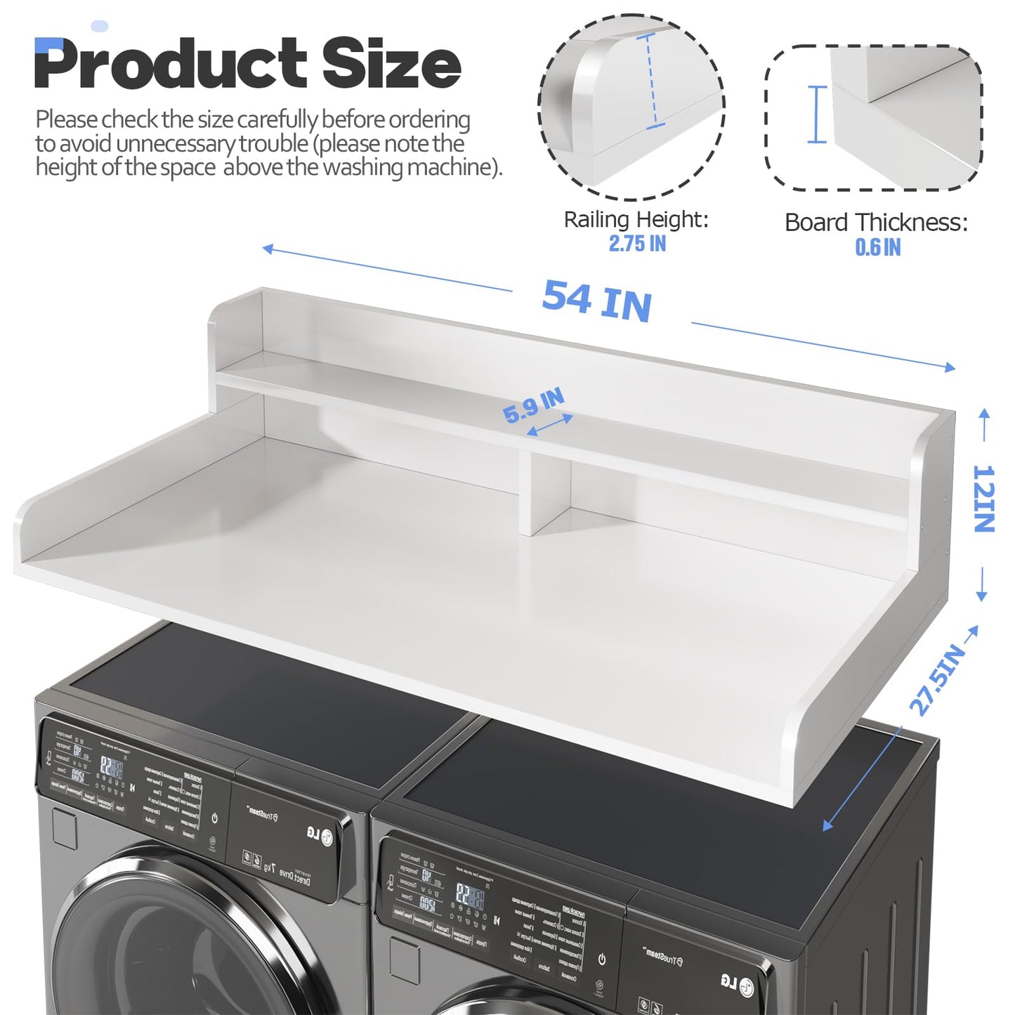 BigPonPon 2-Tier Washer and Dryer Countertop with 2.75" H Guard,54" W x 27.5" D Laundry Countertop Cover with Non-Slip Pad,Large Space Laundry Topper for Folding Clothes Over Washer and Dryer-White