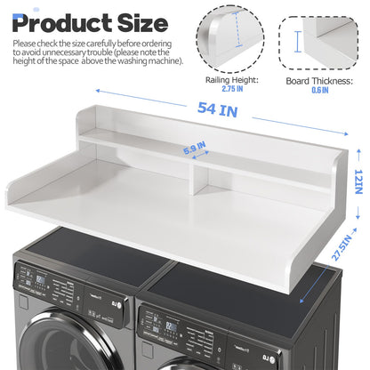 BigPonPon 2-Tier Washer and Dryer Countertop with 2.75" H Guard,54" W x 27.5" D Laundry Countertop Cover with Non-Slip Pad,Large Space Laundry Topper for Folding Clothes Over Washer and Dryer-White