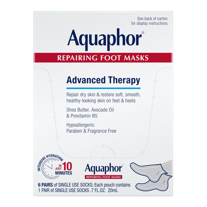 Aquaphor Repairing Foot Masks, Moisturizing Socks for Dry Feet, Hydrating Foot Care Treatment with Avocado Oil and Shea Butter, Pack of 6
