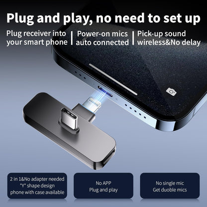 2 Pack Wireless Mini Lavalier Lapel Microphone for iPhone,Android Phone(2 in 1) - 65ft Cordless Clip on Dual Mics with Noise Reduction 6H Working Time for Video Recording Vlogging, YouTube,(Black)