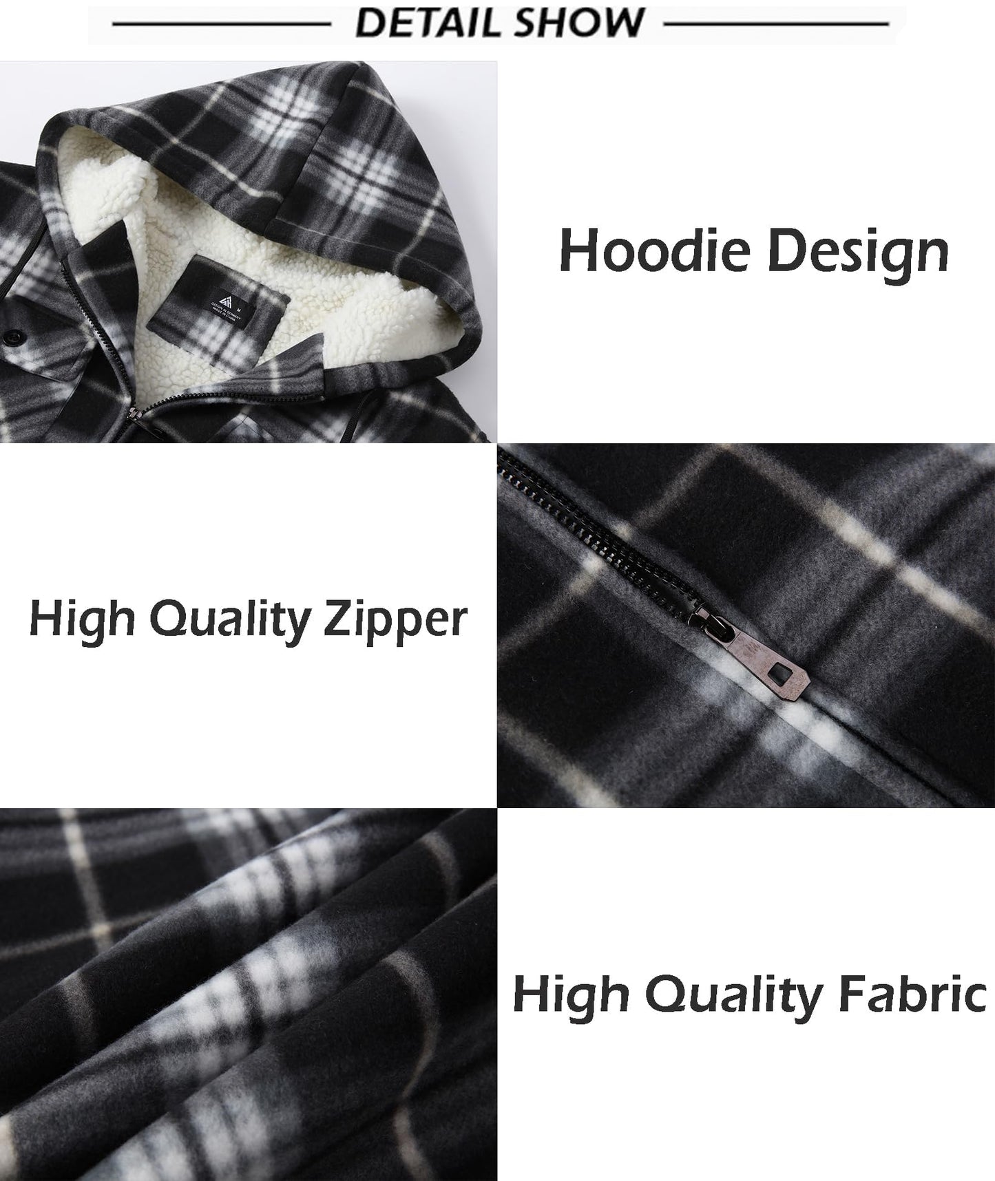 SCODI Men's Flannel Shirt Jacket Fleece Sherpa Lined Plaid Jackets Coat Full Zip Up Hoodie Winter Outwear Black White Medium