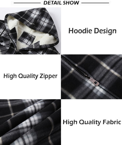 SCODI Men's Flannel Shirt Jacket Fleece Sherpa Lined Plaid Jackets Coat Full Zip Up Hoodie Winter Outwear Black White Medium