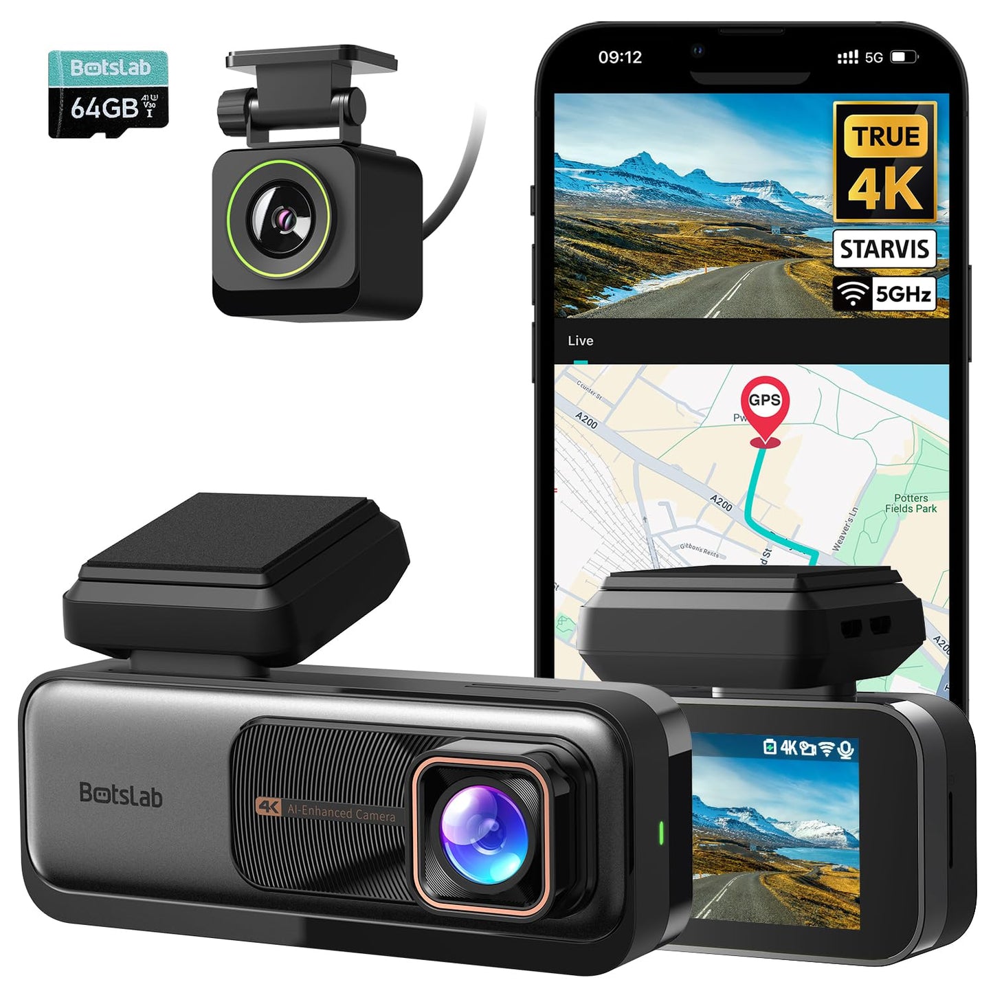 BOTSLAB 4K Dash Cam Front and Rear, 170° Ultra Wide Dashcam with ADAS, Night Vision, 24/7 Parking Mode, Sony IMX415 Sensor, WDR, Free 64GB SD Card, 5G/2.4G WiFi, Built-in GPS, Loop Recording