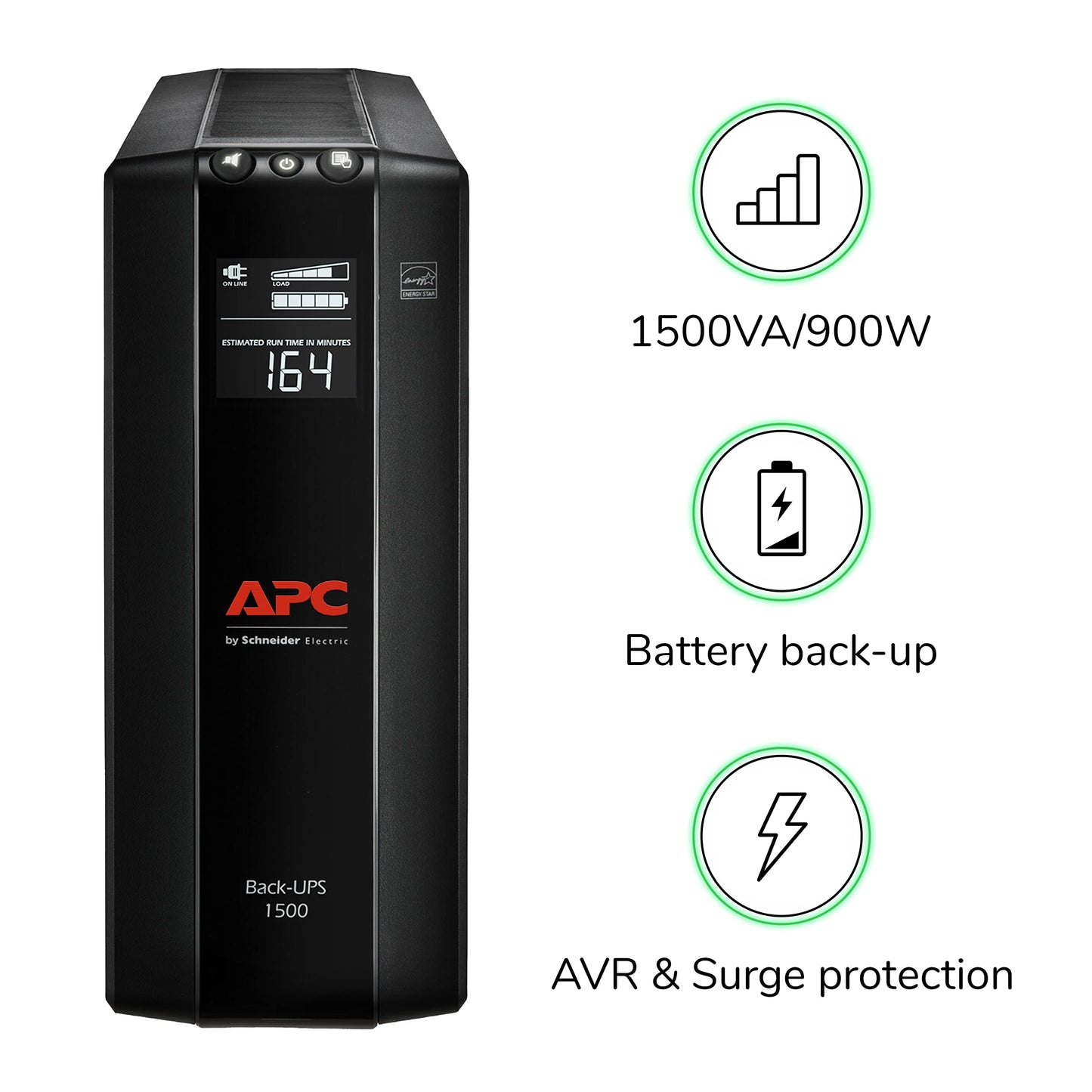 APC UPS 1500VA UPS Battery Backup and Surge Protector, BX1500M Backup Battery Power Supply, AVR, Dataline Protection