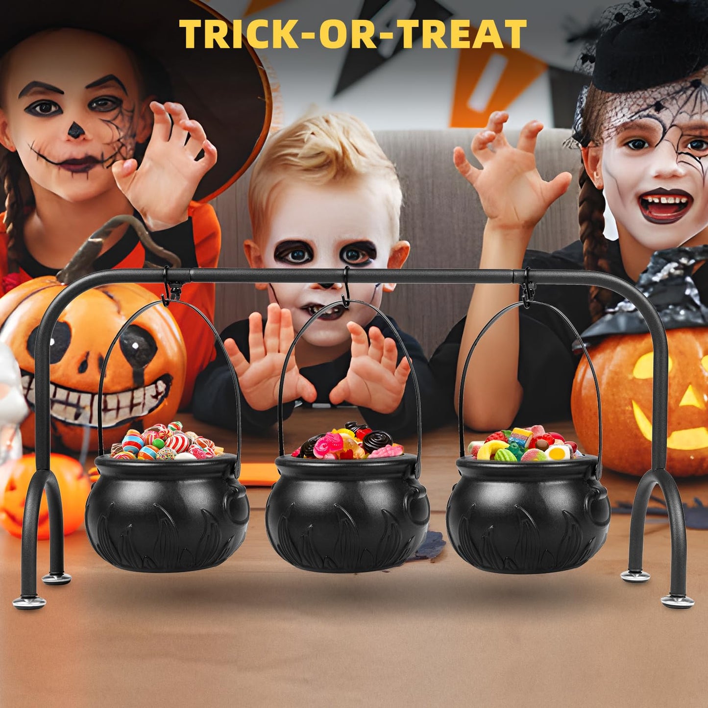 Halloween Party Decorations Indoor,Set of 3 Witches Cauldron Candy Serving Bowls With Rack,Halloween Party Supplies,Black Plastic Candy Cauldron for Table Decor