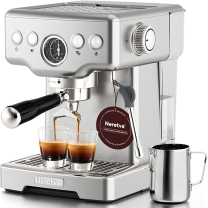 Neretva 15 Bar Espresso Machine with Milk Frother Steam Wand for Cappuccino, Latte, Macchiato, 1450W Professional Coffee Machine 1.8L Removable Water Tank For Home Barista (Silver)