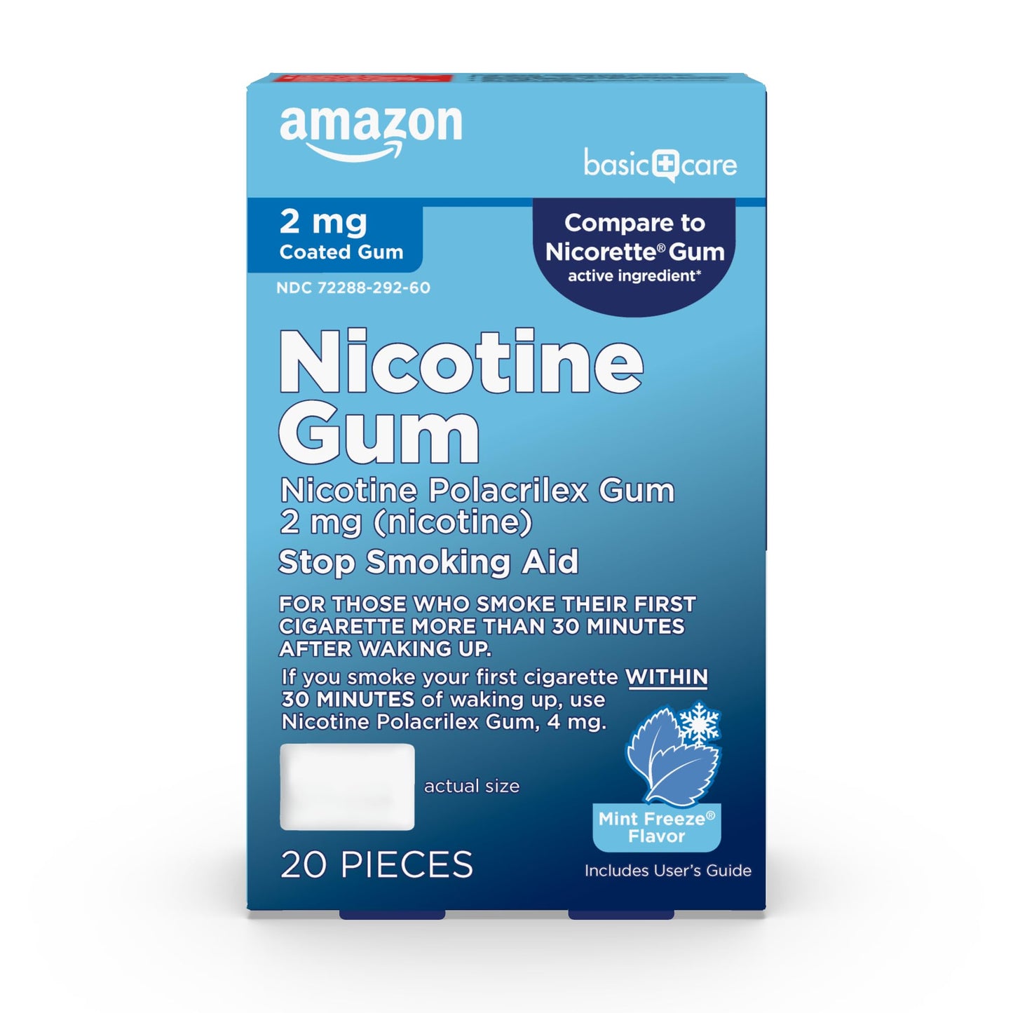 Amazon Basic Care Coated Nicotine Gum, 2 mg, Ice Mint Flavor, Stop Smoking Aid, 20 Count
