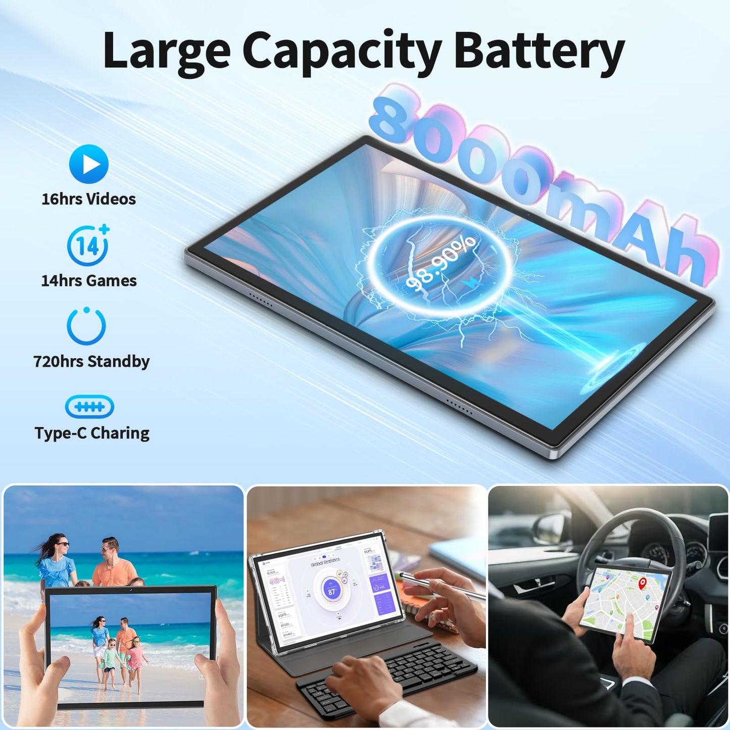 Android 14 Tablet, 10 inch Tablet with Keyboard, 16GB+128GB, 1TB Expand, Octa-Core, 2.4G/5G WiFi, 8000mAh, BT V5.0, GMS Certified, IPS Touch Screen, GPS, with Case, Mouse, Stylus(Black)