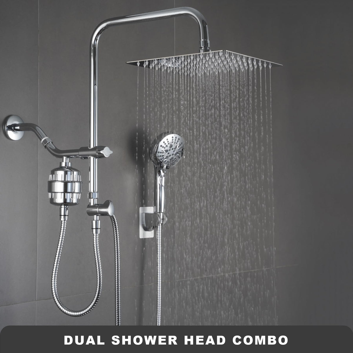 GwernKB Dual Shower Head with Filter Combo,Stainless Steel 10in Rainfall Showerhead with 10in Height Adjustable Slide Bar&3-Way Diverter,Handheld Shower Head with On Off Switch&Adhesive Shower Holder