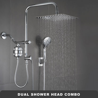 GwernKB Dual Shower Head with Filter Combo,Stainless Steel 10in Rainfall Showerhead with 10in Height Adjustable Slide Bar&3-Way Diverter,Handheld Shower Head with On Off Switch&Adhesive Shower Holder