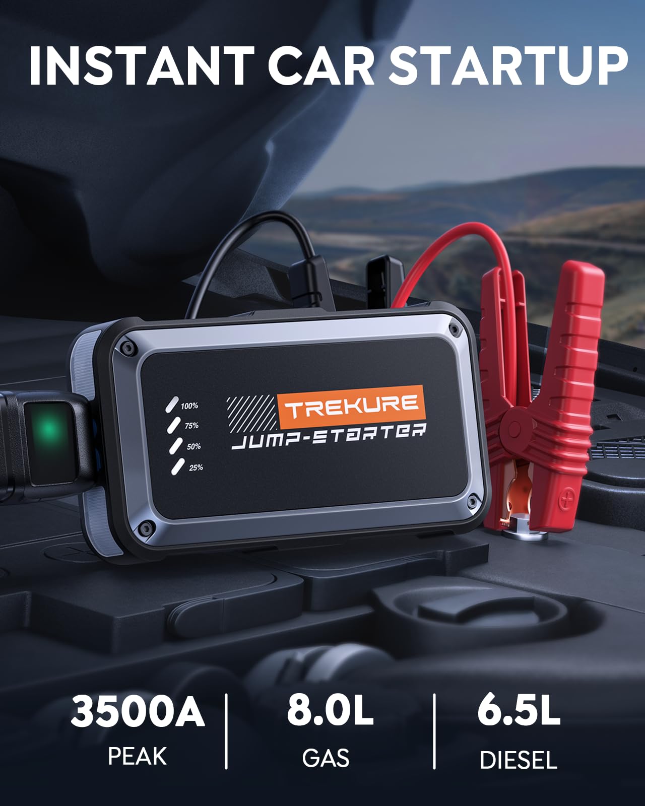 TREKURE Portable Car Battery Jump Starter 3500A 16800mAh Jump Box, Car Battery Jumper Starter Portable Jumper Cables for car(8.0L Gas/6.5L Diesel), Fast Charge, Lights, Compact