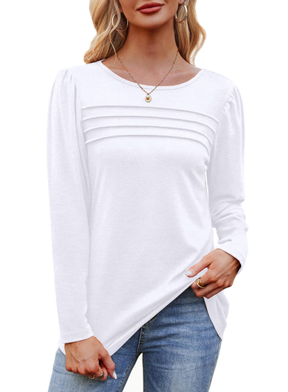 White Long Sleeve Shirts for Women Dressy Casual Blouses Fall Outfits Pleated Front Tunic Tops for Leggings L