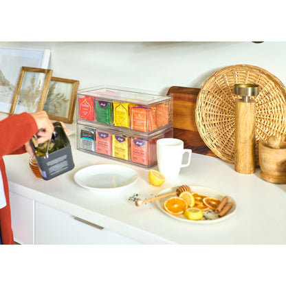 iDesign Crisp BPA-Free Plastic Stackable Tea Bag Organizer for Kitchen Cabinets and Countertops - 12.59" x 6.23" x 4.57", Clear with Gray Dividers