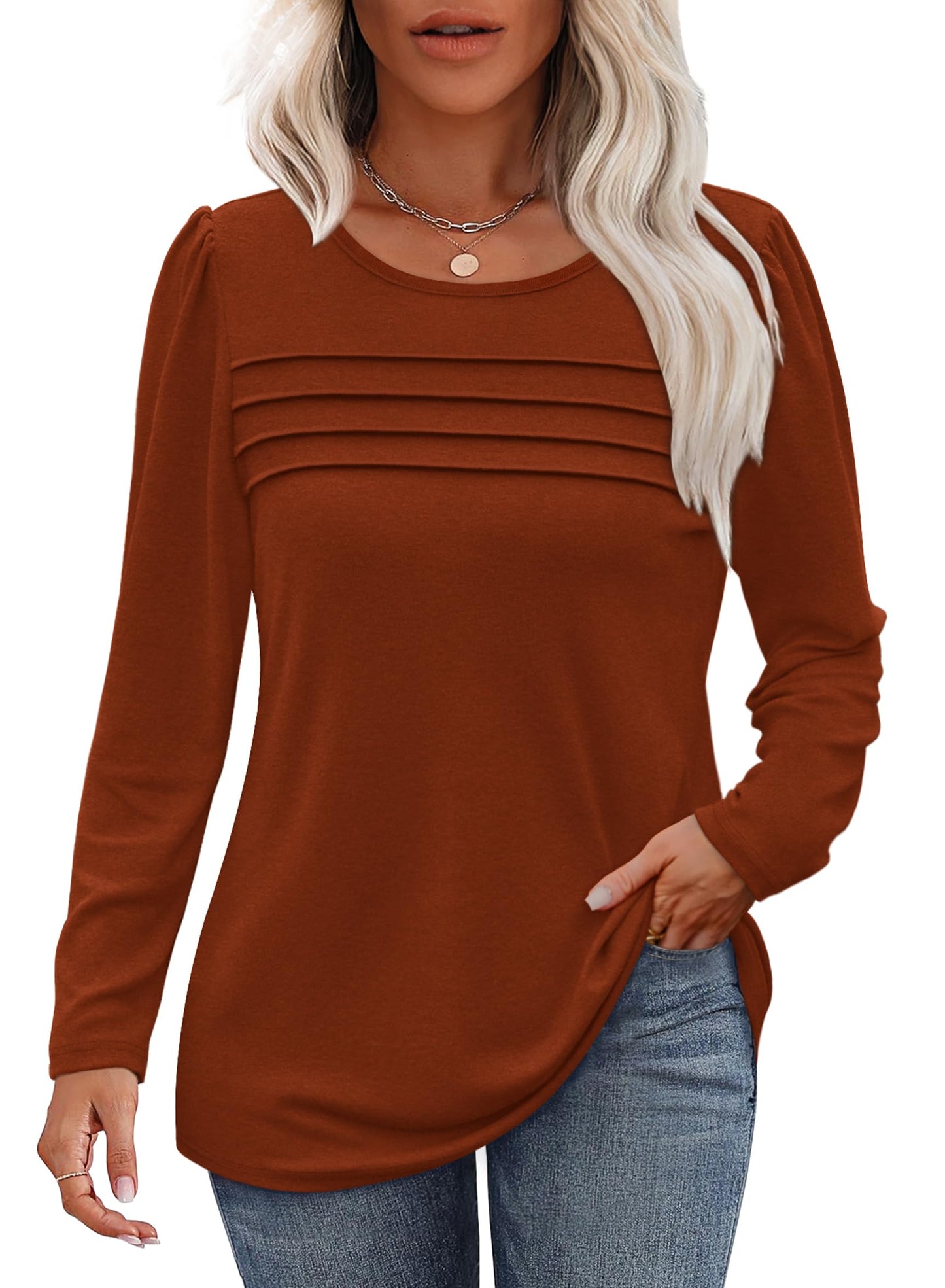 OFEEFAN Womens Tops Long Sleeve Shirts Fall Fashion 2025 Trendy Pleated Front Dressy Casual Blouses Tunic Sweaters Caramel S