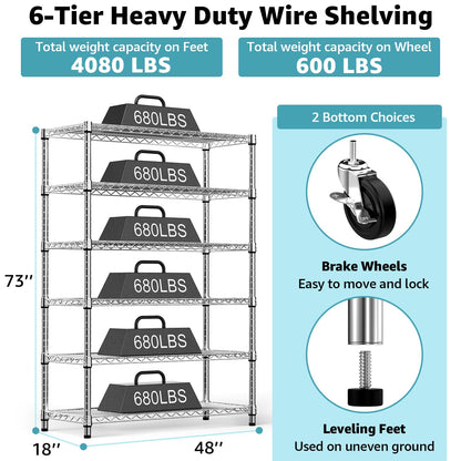 MZG Steel Storage Shelving 6-Tier Utility Shelving Unit with Wheels, Steel Organizer Wire Rack for Home,Kitchen,Office,Garage,17.7" D x 47.2" W x 76.7" H