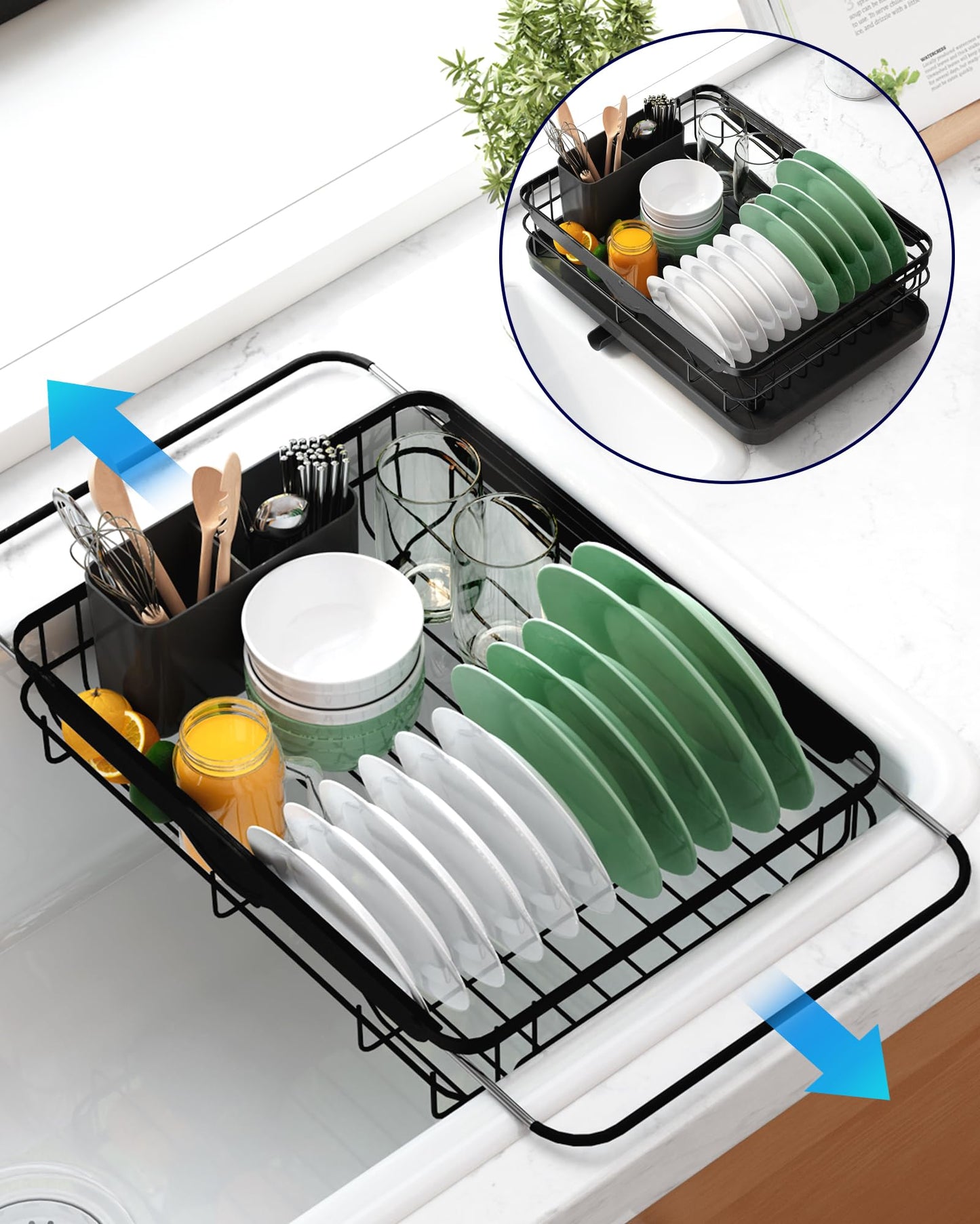 Kitsure Dish Drying Rack for Kitchen Counter, Stainless Steel Sink Organization and Storage Essentials with Cutlery Holder, Home and Appartment Decor, 12''W x 15''~23''L, Black
