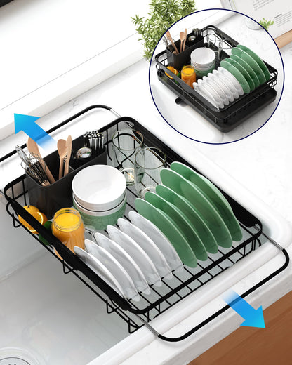 Kitsure Dish Drying Rack for Kitchen Counter, Stainless Steel Sink Organization and Storage Essentials with Cutlery Holder, Home and Appartment Decor, 12''W x 15''~23''L, Black
