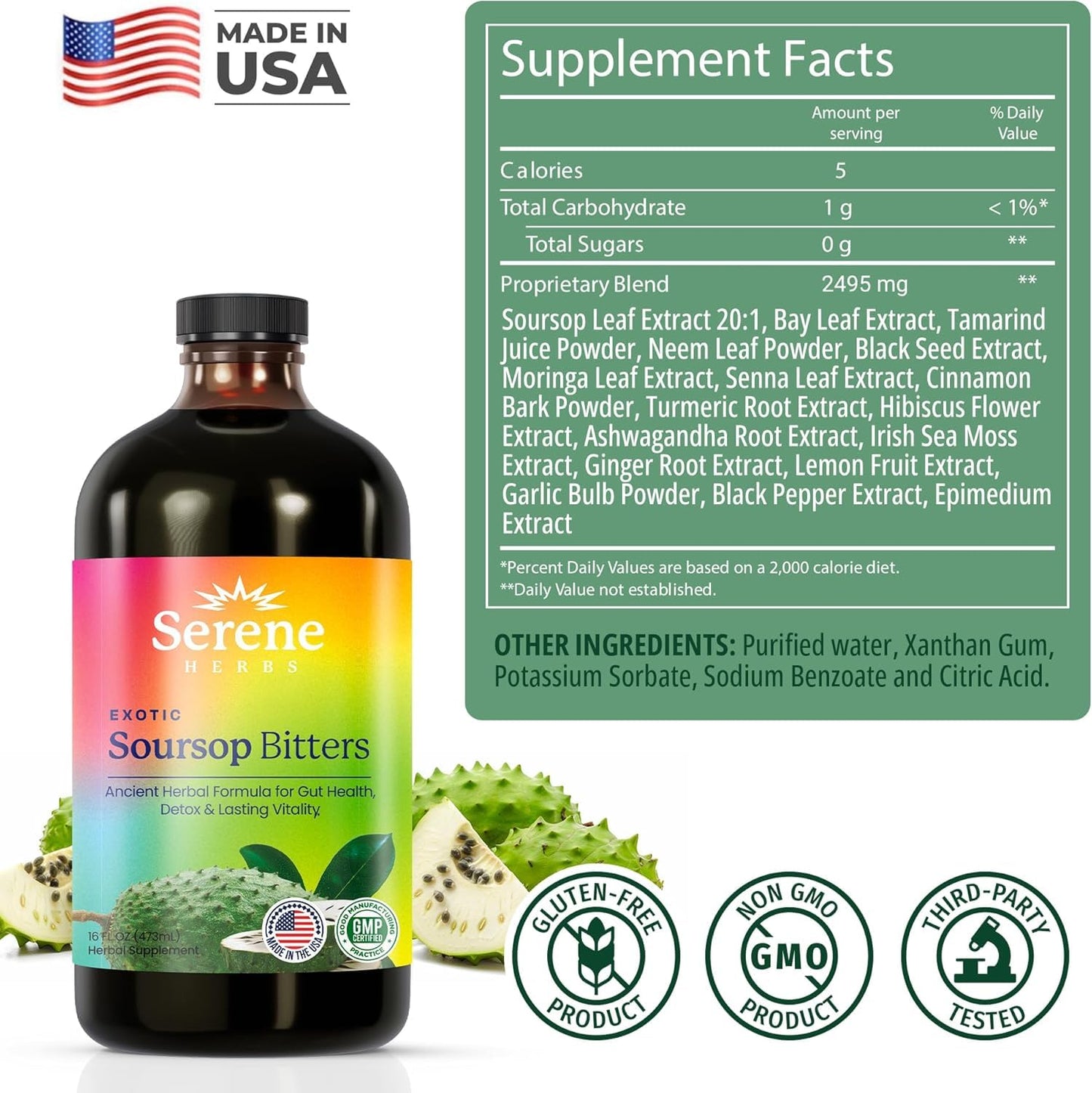 Serene Herbs - Soursop Bitters Liquid - Organic Herbal Sour SOP Guanabana Detox with Black Seed, Moringa & Ginger - Supports Digestive Wellness & Immune Function - 16 fl oz
