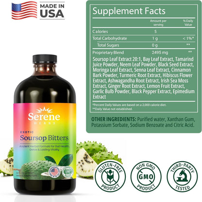 Serene Herbs - Soursop Bitters Liquid - Organic Herbal Sour SOP Guanabana Detox with Black Seed, Moringa & Ginger - Supports Digestive Wellness & Immune Function - 16 fl oz