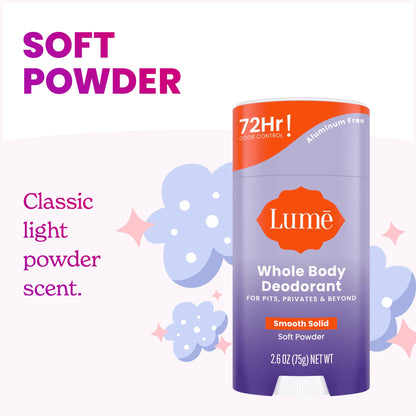 Lume Whole Body Deodorant - Smooth Solid Stick - 72 Hour Odor Control - Aluminum Free, Baking Soda Free and Skin Safe - 2.6 Ounce (Pack of 2) (Soft Powder)