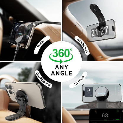 15W Only for iPhone MagSafe Car Mount Charger, 360% Adjustable Aluminum Alloy Arm, Relocatable Car Phone Holder, Magnetic Wireless Fast Charging, Cell Phone Holder for All Car Models, Black