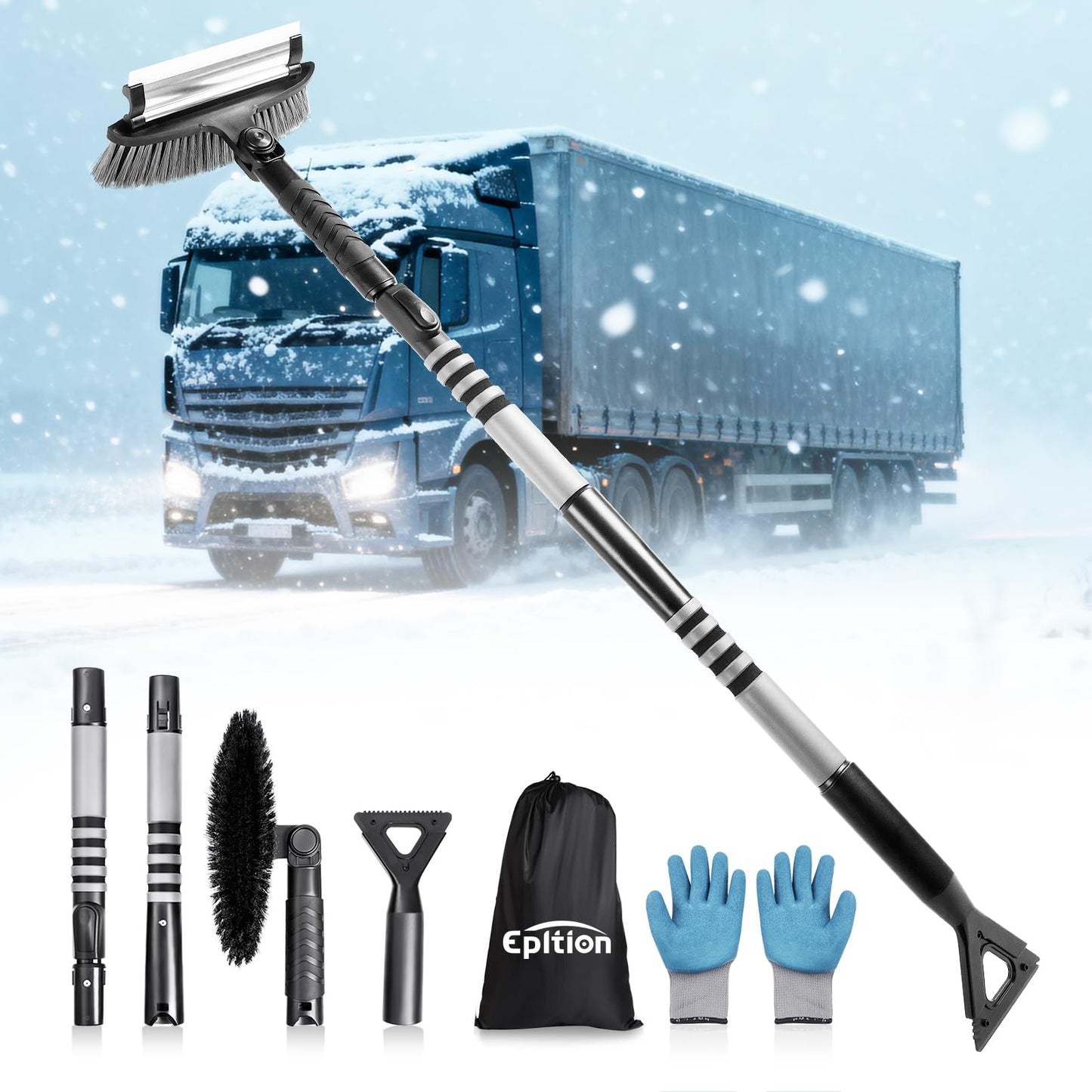 72" Extendable Long Snow Brush with Ice Scraper for Car Truck SUV Van - Soft Squeegee with 270° Pivoting Brush Head for Windshield Window - Snow Scraper & Antifreeze Gloves for Car Winter Accessories